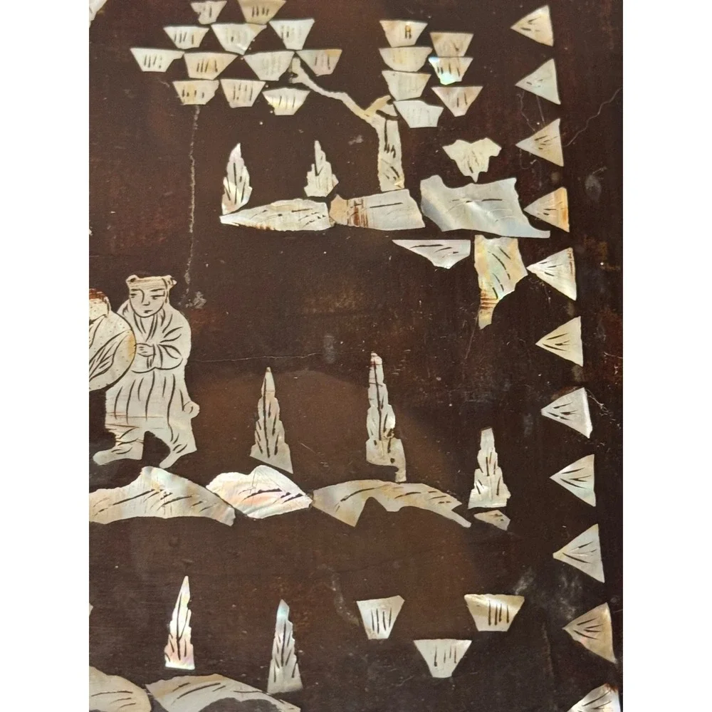 Antique Chinese Inlaid Mother of Pearl Wood Tray Tree People Figure 9.25 x 9.25